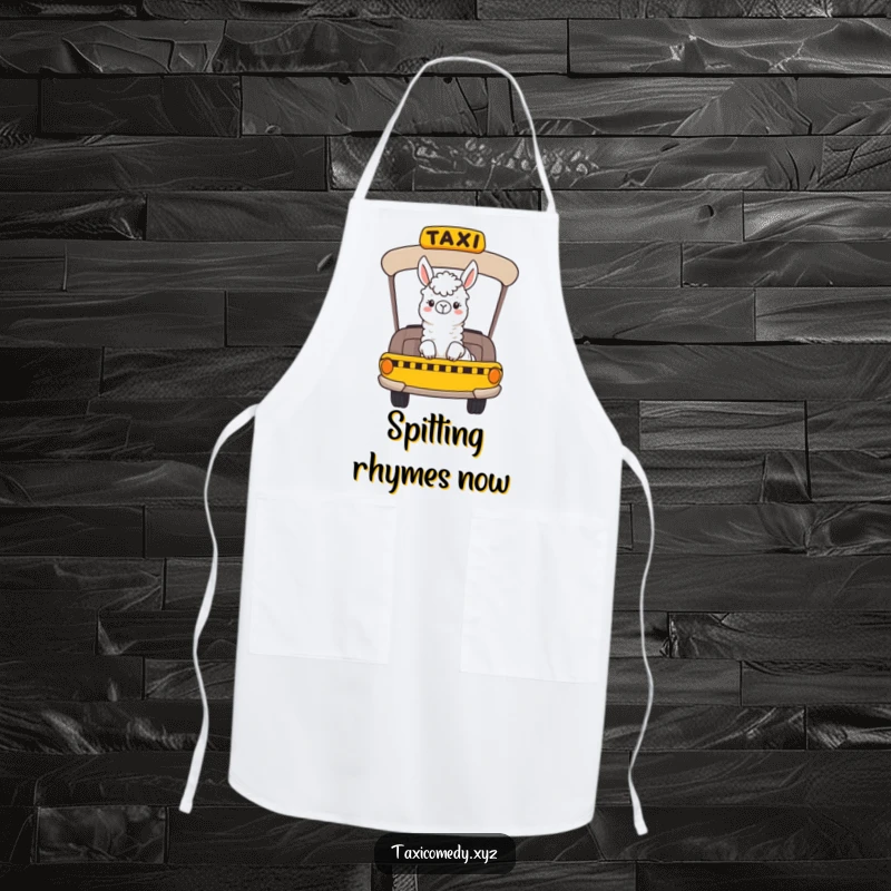 Funny apron depicting a cheerful llama character riding in a taxi and looking out the window, perfect for the culinary enthusiast.