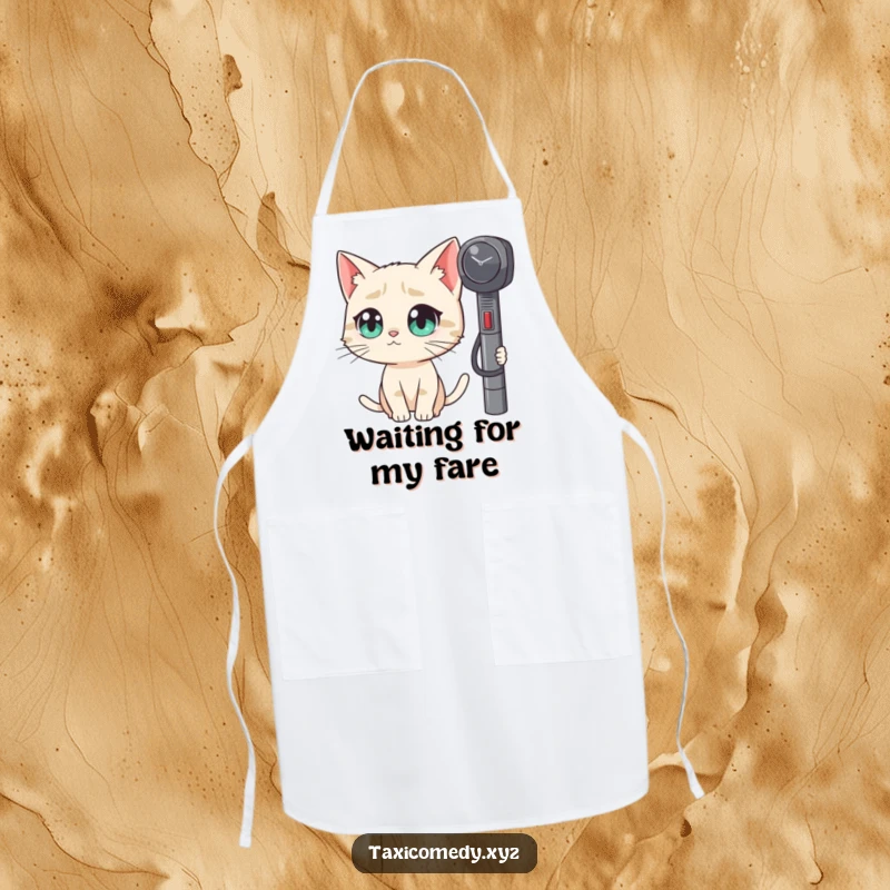 Funny kitchen apron with a cat character intently watching a taxi meter, perfect for humorous cooking sessions.