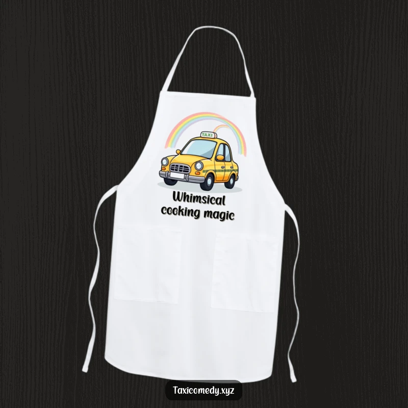 Funny Magical Taxi Apron showing a taxi cab with a rainbow arching over its roof, bringing whimsical humor to the kitchen.