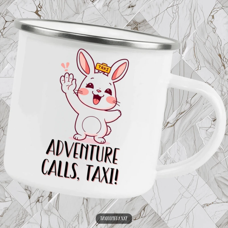 Funny rabbit character humorously hailing a taxi, designed for outdoor adventures and hot beverages.