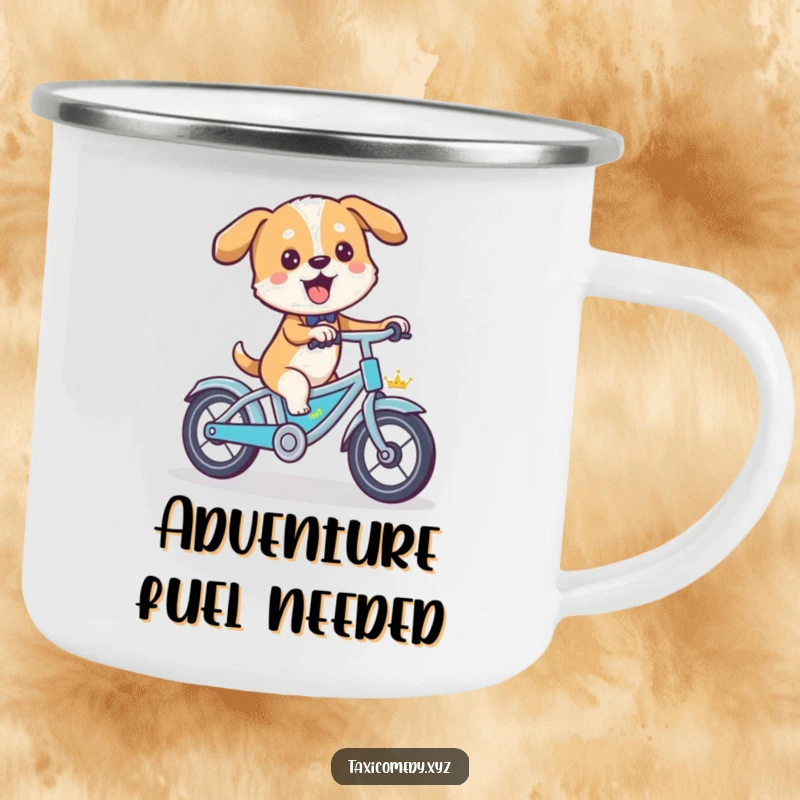 Funny dog driving a bicycle taxi on a durable enamel camping mug, great for outdoors.