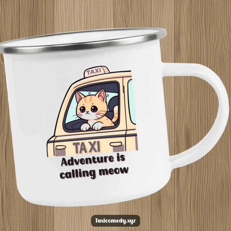 Funny Cat camping mug with a cat passenger with its head out of a taxi window, perfect for outdoor enthusiasts who love cats.