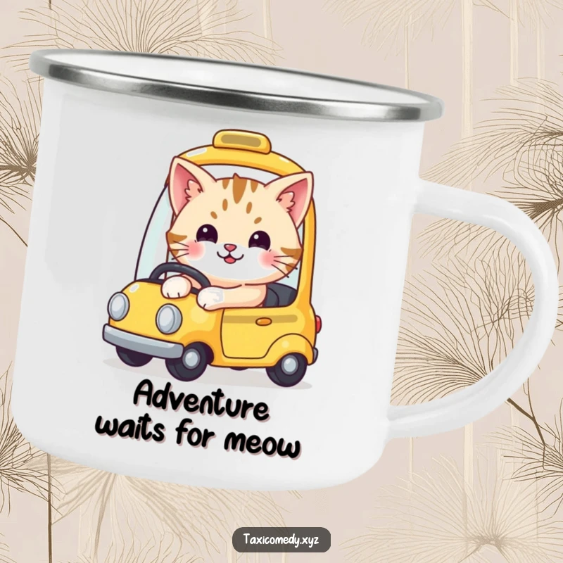 Funny camping mug showcasing a cute, smiling cat driving a tiny yellow taxi, perfect for outdoor adventures.