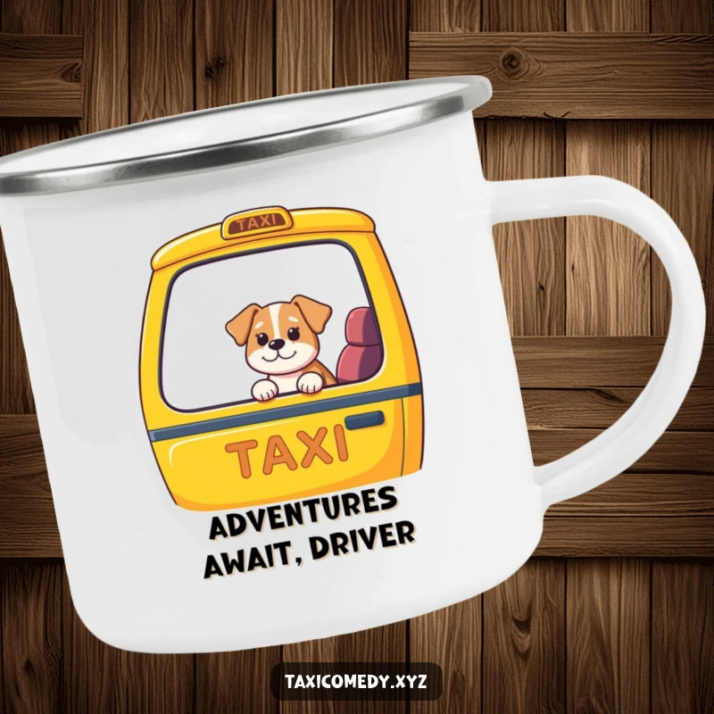 Funny dog taxi camping mug, enamel cup with a dog in a taxi graphic, sturdy and humorous for camping trips.