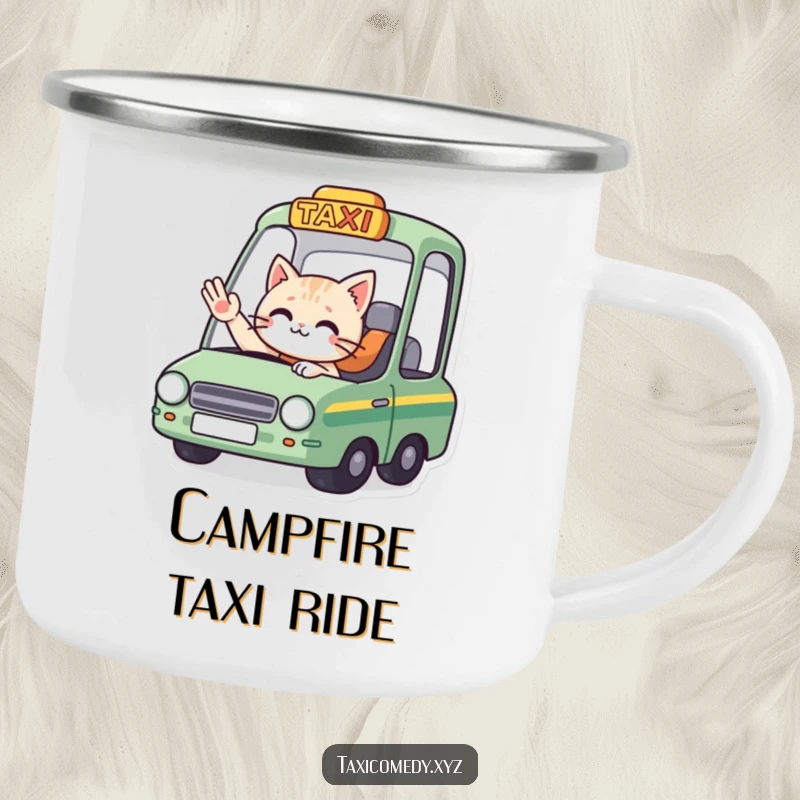 Funny camping mug: a cat driver in a taxi waves goodbye, perfect for outdoor cheer and farewells.