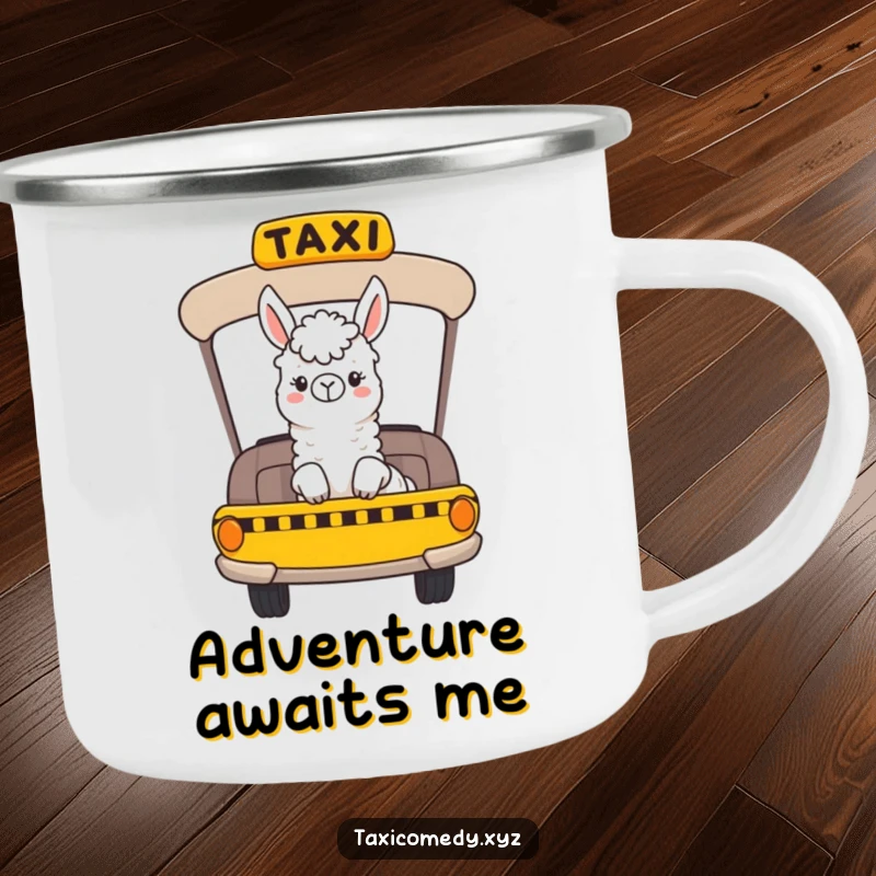 Funny camping mug showing a cheerful llama riding in a taxi and looking out the window, ready for an outdoor journey, durable and fun.