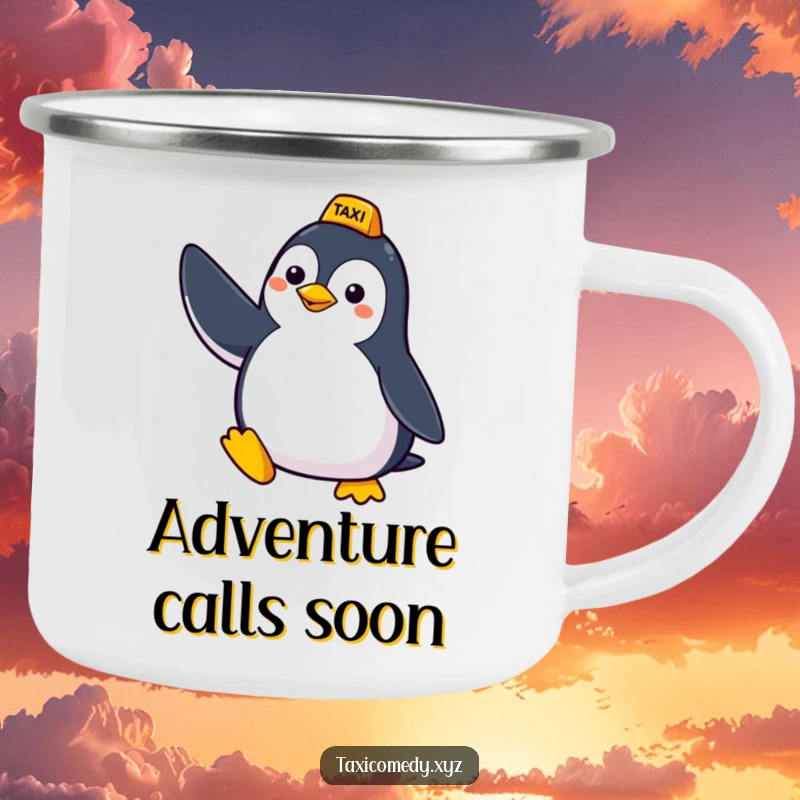 Funny camping mug showing a cheerful penguin humorously hailing a taxi, ready for an outdoor journey, durable and lighthearted.