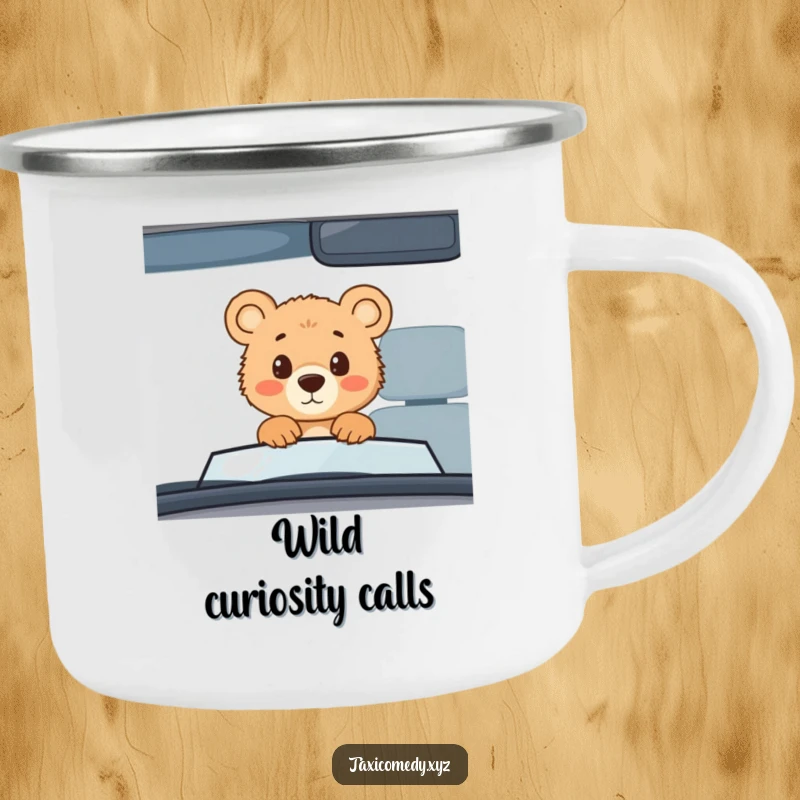 Funny bear cub taxi camping mug, enamel mug featuring a curious bear cub in a taxi, humorous outdoor drinkware.