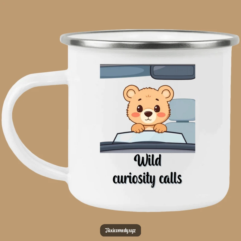 Funny Bear Cub Taxi Camping Mug: Curious Cub's Drinkware for Outdoor Adventures