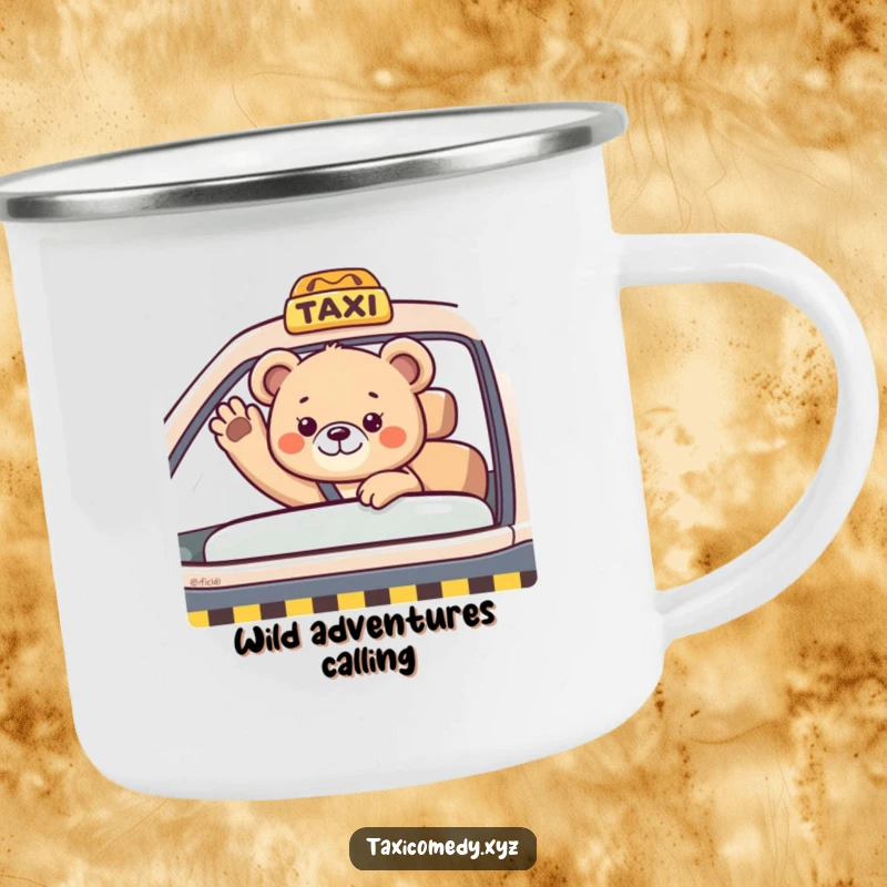 Funny bear cub waving from a taxi passenger seat. This camping mug is sturdy, charming, and perfect for outdoor enthusiasts.