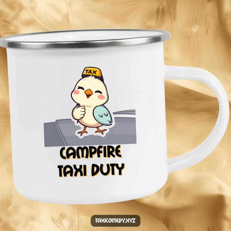 Funny bird camping mug with a bird acting as a taxi driver and giving a wink. Great for outdoor use.