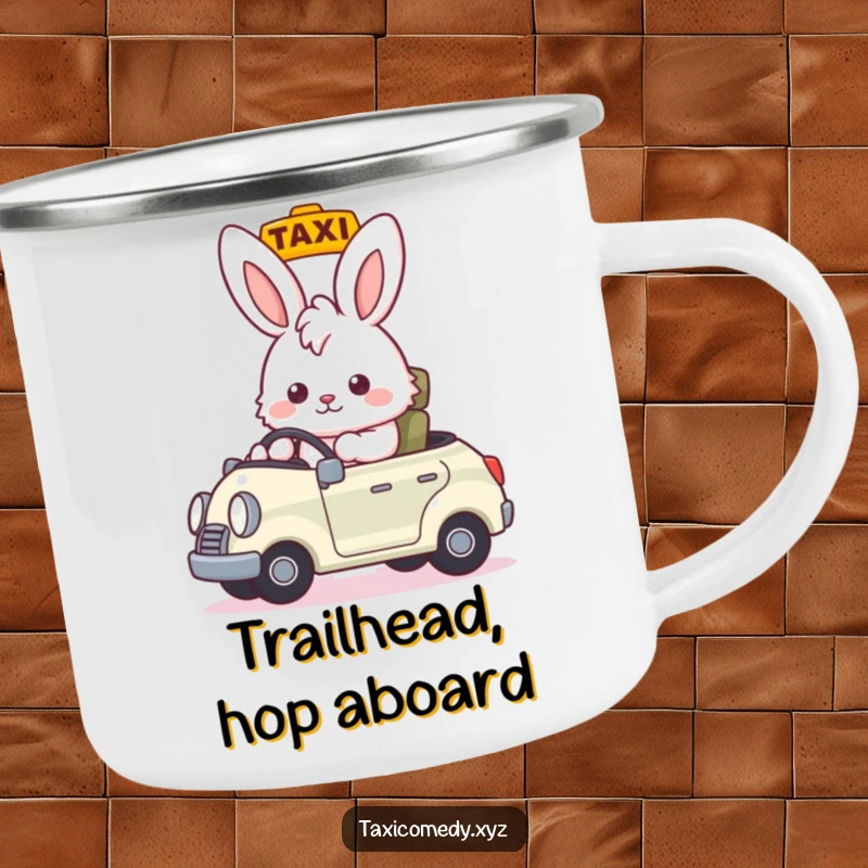 Funny fluffy bunny taxi driver nodding, ready for adventure, rugged funny gift camping mug for outdoors.