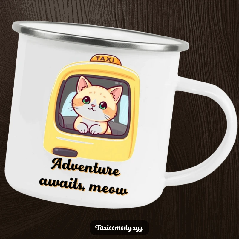 Funny cat inside a yellow taxi, embarking on an outdoor journey. This camping mug combines humor and durability for adventurous souls.