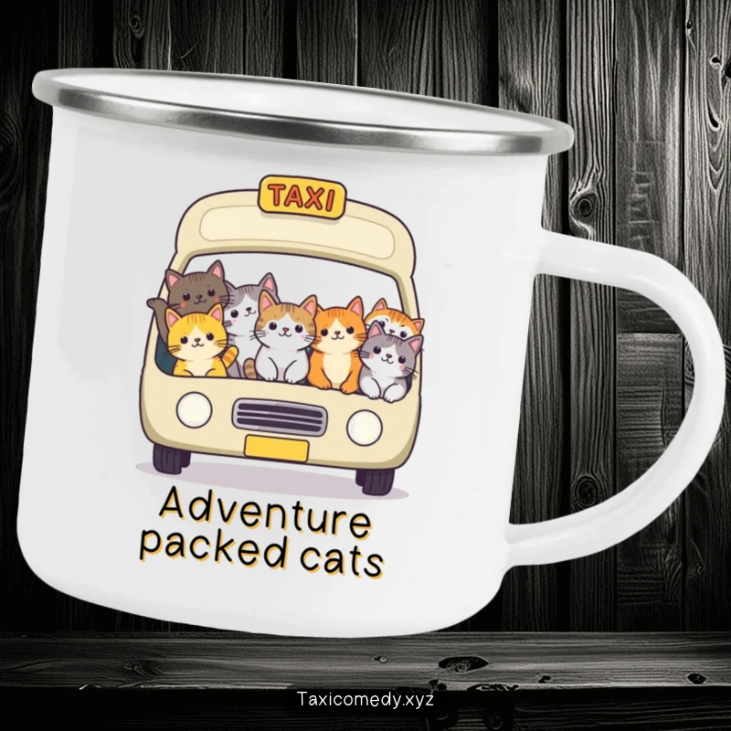 Funny cat taxi camping mug featuring a cheerful group of cats packed into a taxi, ideal for enjoying beverages outdoors with humor.