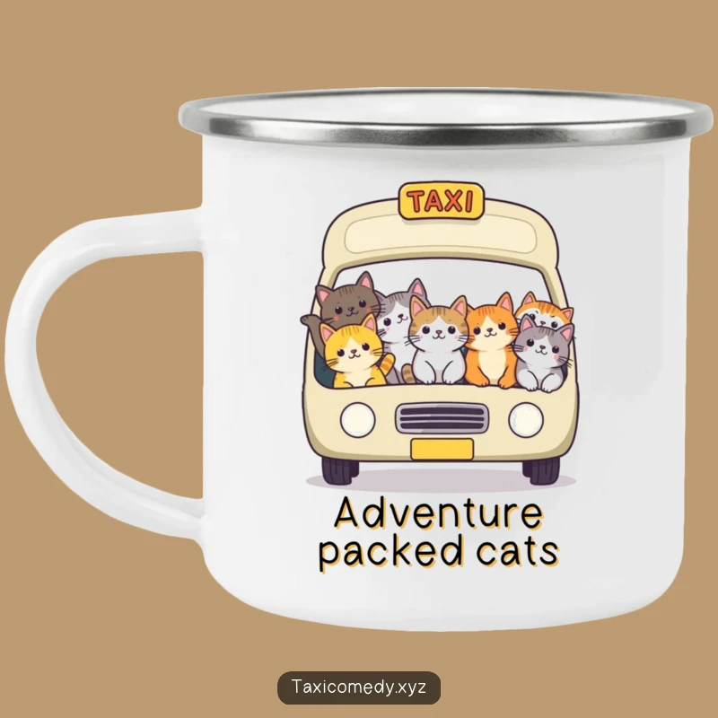 Funny Cat Taxi Camping Mug: Packed Feline Ride Enamel Cup Gift