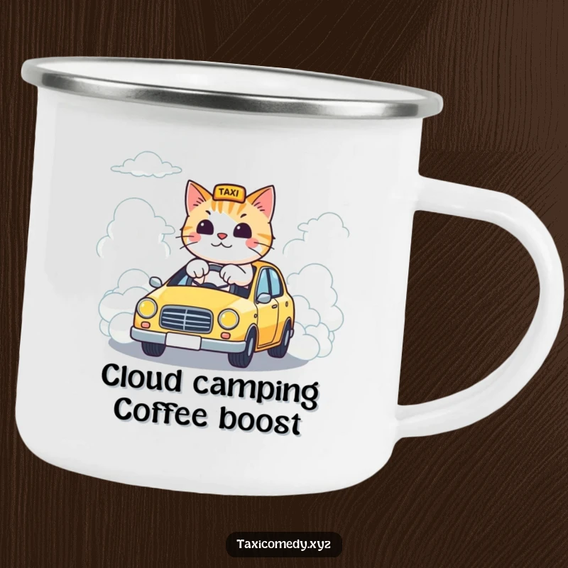Funny camping mug showing a cat steering a taxi down a road made of clouds, ideal for outdoor enthusiasts who appreciate humor.