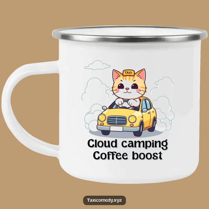 Funny Cloud Taxi Cat Camping Mug: Durable Feline Driver, a Fun Funny Outdoor Gift!