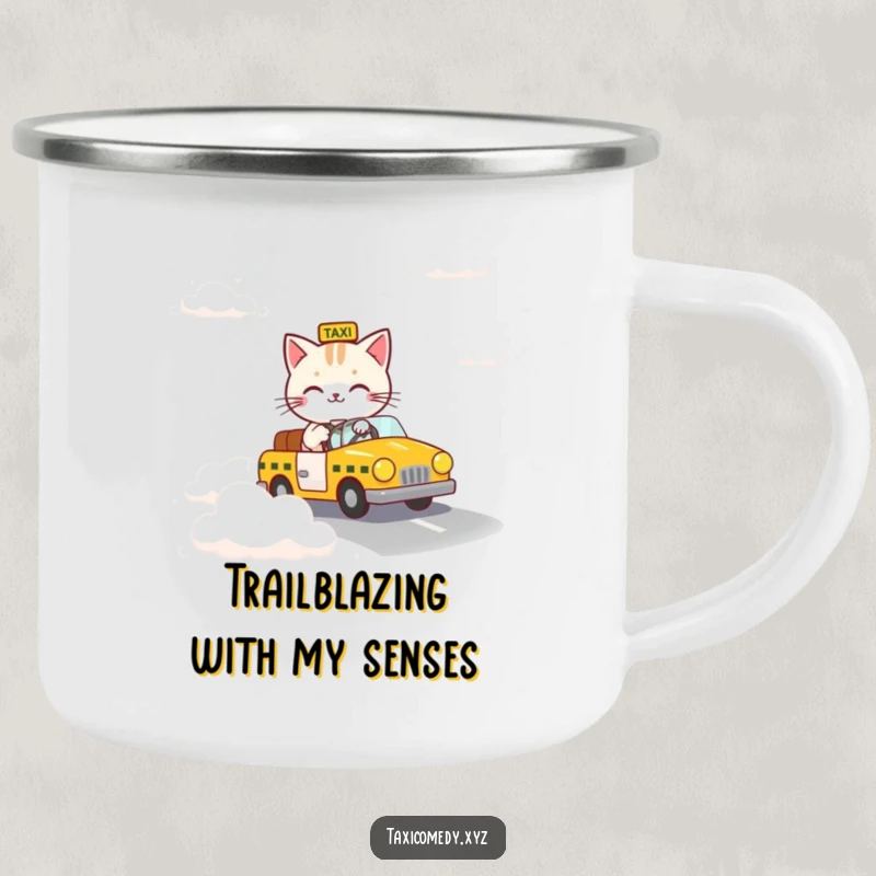 Funny camping mug showing a cat steering a taxi down a surreal road made of clouds.