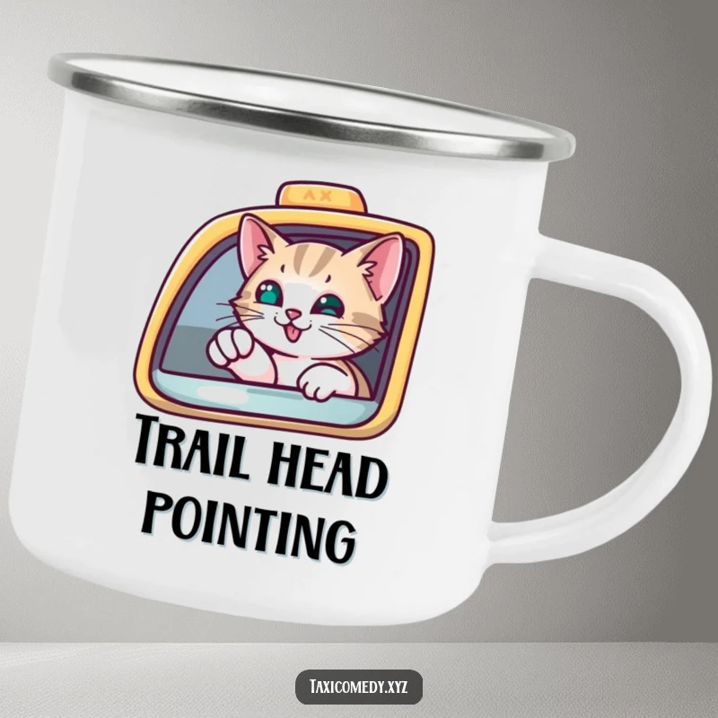 Funny Camping Mug featuring a curious cat peering from a taxi window, pointing with a paw, perfect for humorous outdoor drinks.
