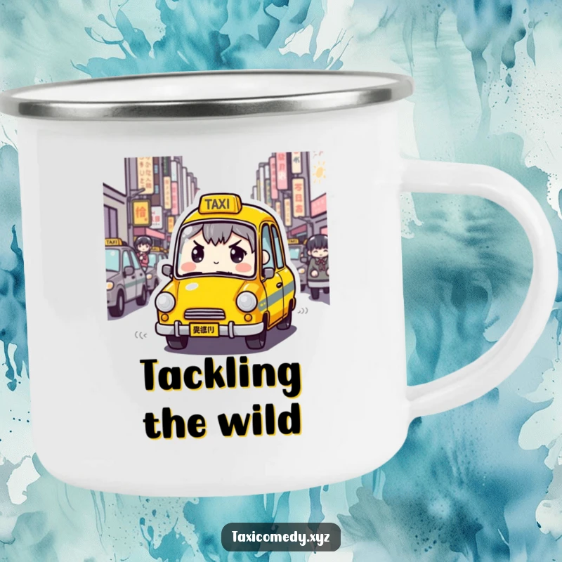 Funny Determined Taxi Camping Mug showing a taxi character with a determined expression navigating crowded city streets, ideal for outdoor enthusiasts with urban humor.