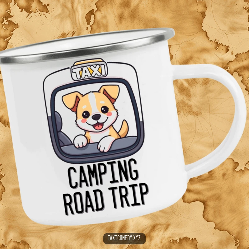 Dog sticking its head out of a taxi window, designed for outdoor fun on a sturdy camping mug.