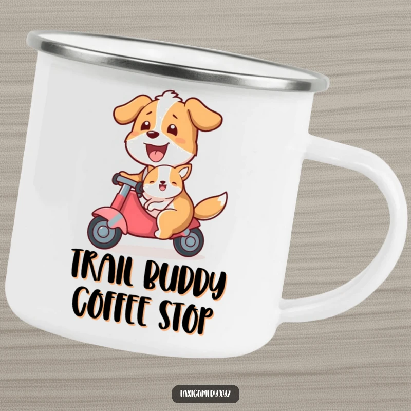 Funny camping mug showing a dog happily giving a ride to a smaller animal passenger, ideal for outdoor enthusiasts who love humor.