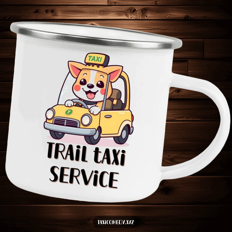 Funny camping mug showing a happy dog character driving a small taxi with a smile, ready for outdoor fun.