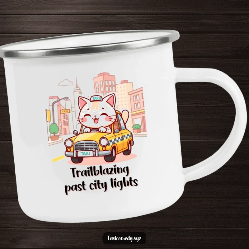 Funny, durable camping mug featuring a cheerful cat character driving a taxi through a stylized city scene.