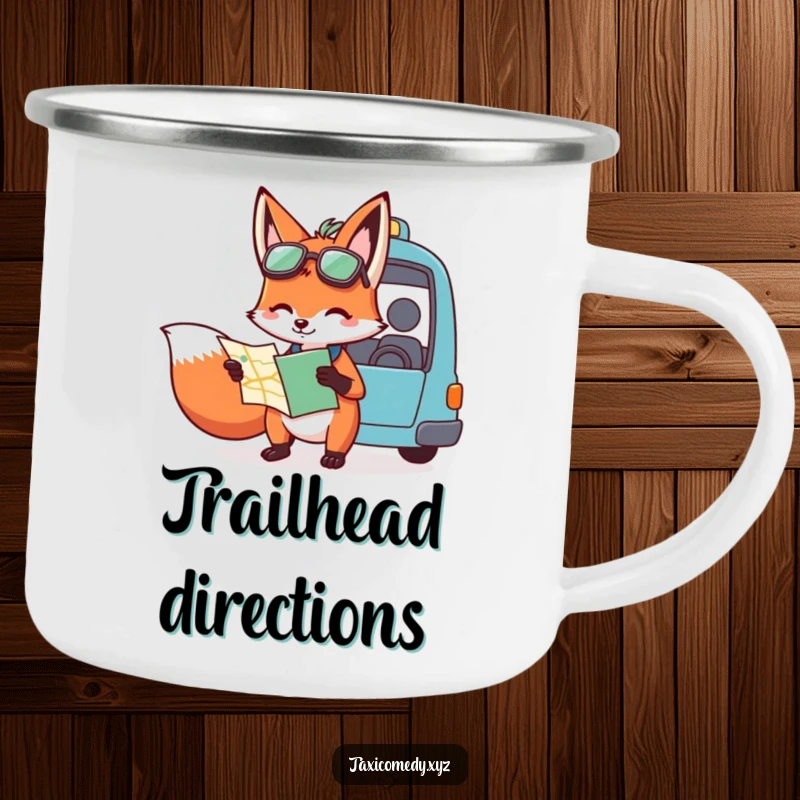 Funny camping mug featuring a fox with a map providing directions to a taxi driver, durable for outdoor use and inspiring clever adventures.