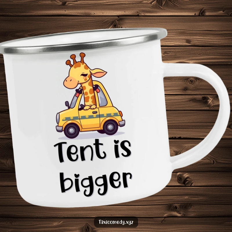 Funny giraffe character humorously squeezing into a small taxi, perfect for outdoor sipping.