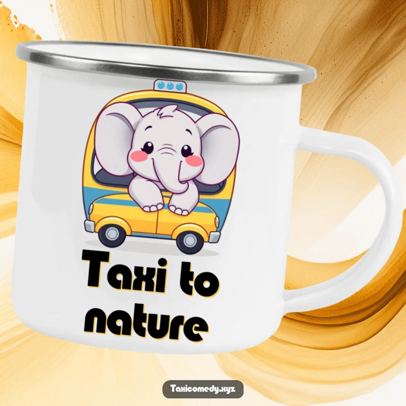 Funny camping mug with a joyful elephant with big smiles, looking out the window of a toy taxi, for outdoor adventures.