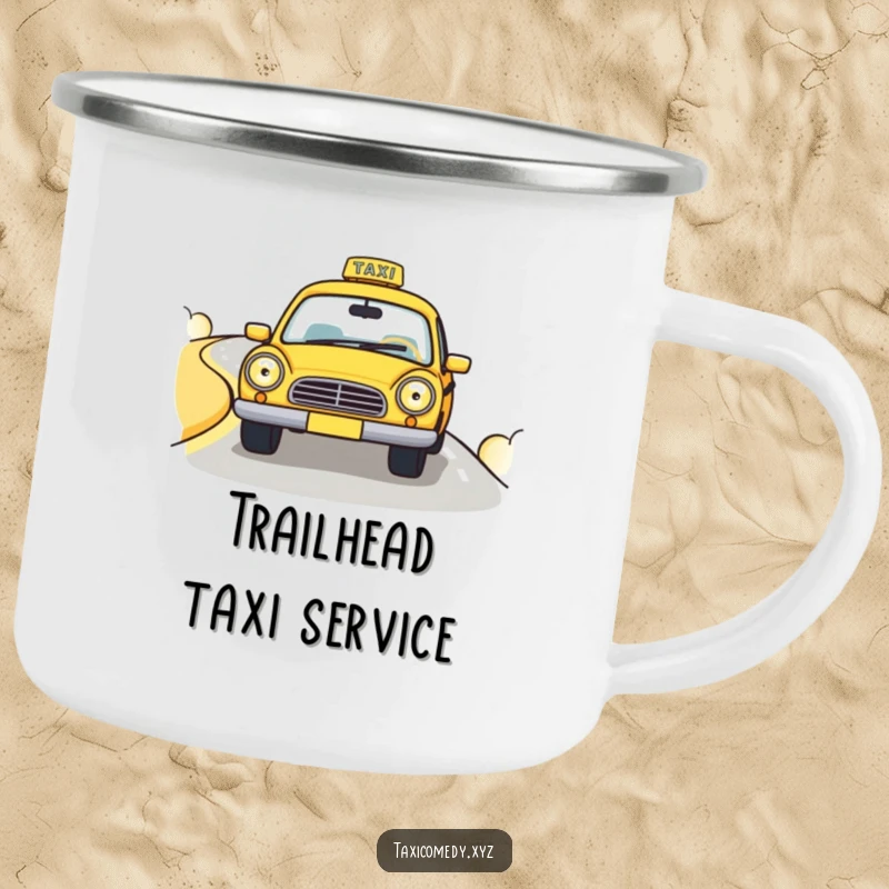 Funny camping mug showcasing a cute taxi cab driving down a winding road, perfect for outdoor enthusiasts who appreciate automotive humor.