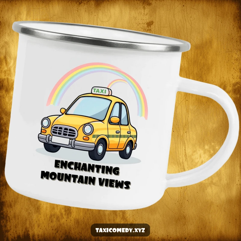 Funny Magical Taxi Camping Mug showing a taxi cab with a rainbow arching over its roof, ideal for outdoor enthusiasts with whimsical humor.
