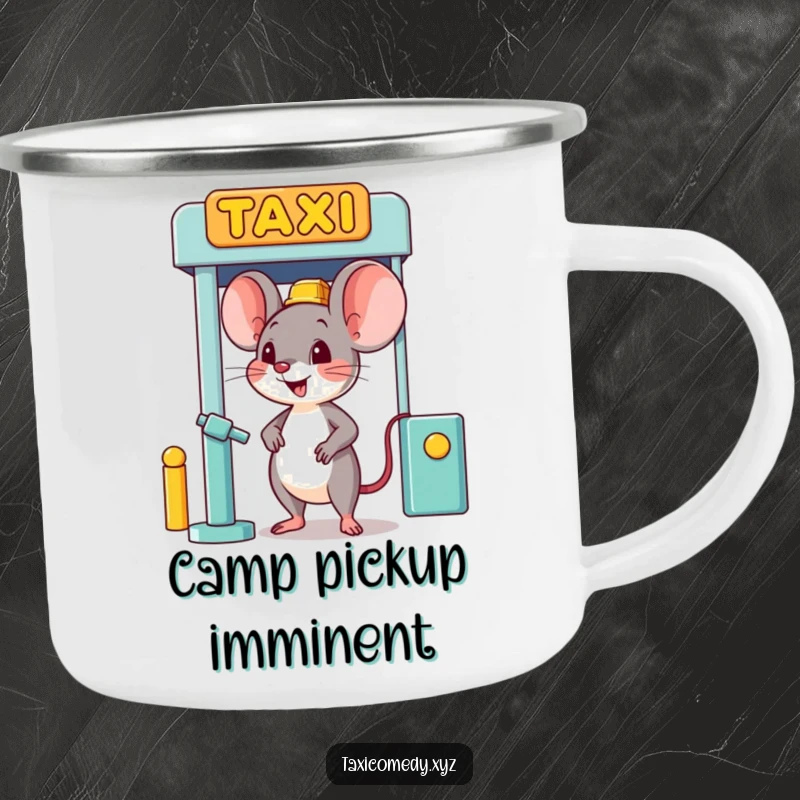 Funny happy mouse character humorously waiting at a taxi stand, perfect for camping and hot drinks.