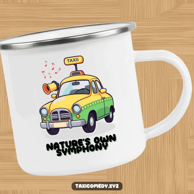 Funny Musical Taxi Camping Mug showing a whimsical taxi horn emitting musical notes, ideal for outdoor enthusiasts with a humorous musical touch.