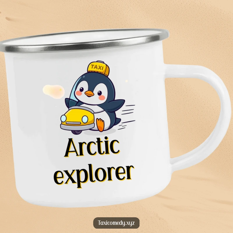 Funny penguin character looking delighted as a taxi zooms by on a camping mug, perfect for cheerful outdoor humor.