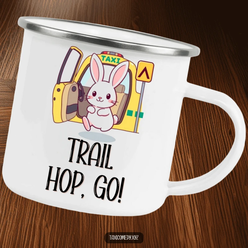 Rabbit hopping into a taxi, designed for outdoor fun on a sturdy camping mug.