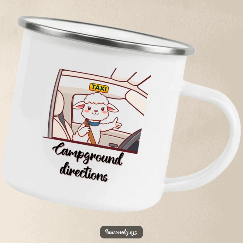 Funny Camping Mug featuring a cheerful sheep giving directions from a taxi, perfect for humorous outdoor drinks.