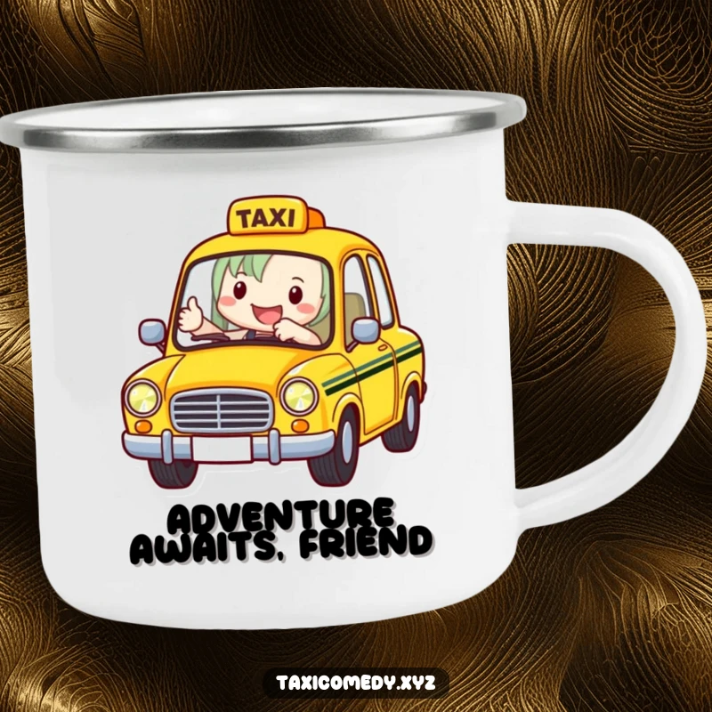 Funny Taxi Driver Camping Mug showing a cheerful taxi driver giving a thumbs-up, ideal for outdoor enthusiasts with a humorous touch.