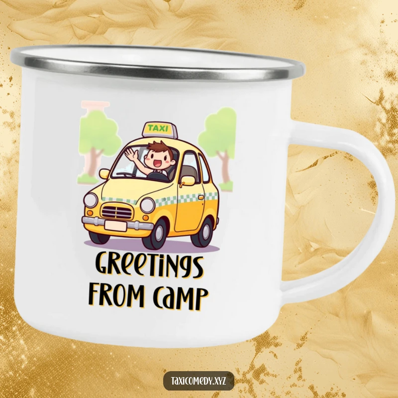 Funny camping mug showcasing an excited taxi driver waving from the window, perfect for outdoor enthusiasts who appreciate automotive humor.