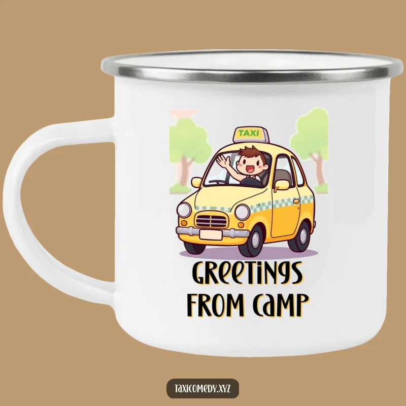 Funny Excited Taxi Driver Camping Mug: Friendly Adventures, Warrior Cat Spirit