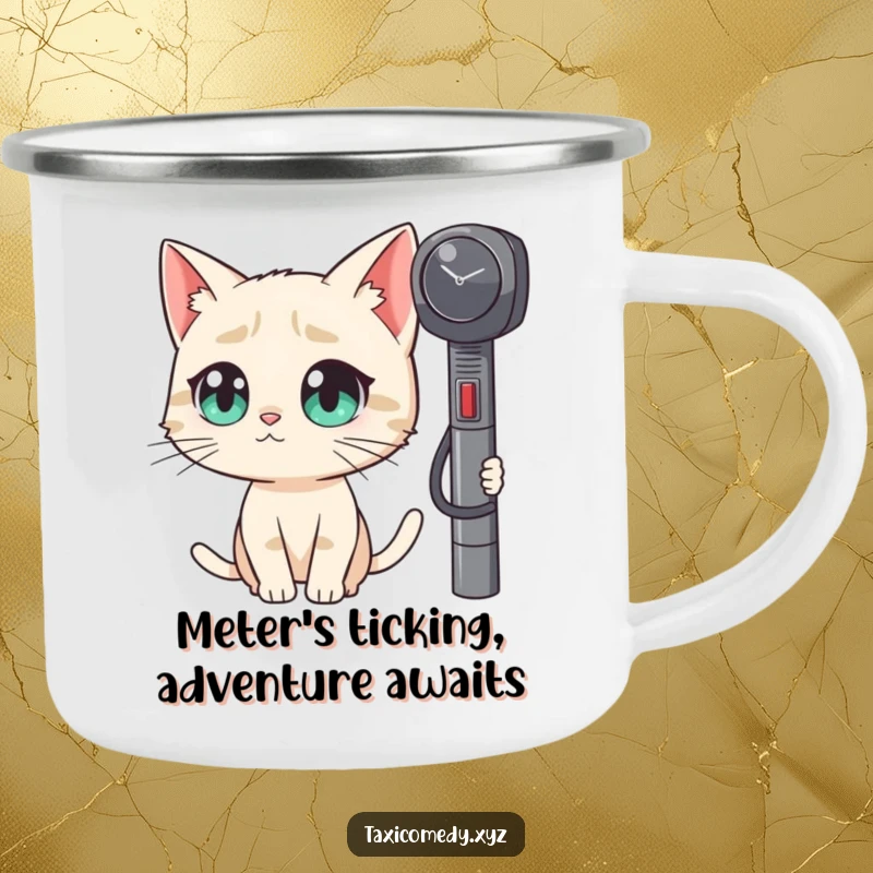 Funny, durable camping mug featuring a cat character with big eyes watching a taxi meter with intense curiosity.