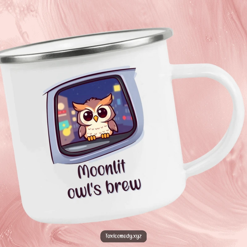 Funny owl camping mug showing a cheerful owl in a taxi at night, perfect for outdoor drinks and humorous companionship.