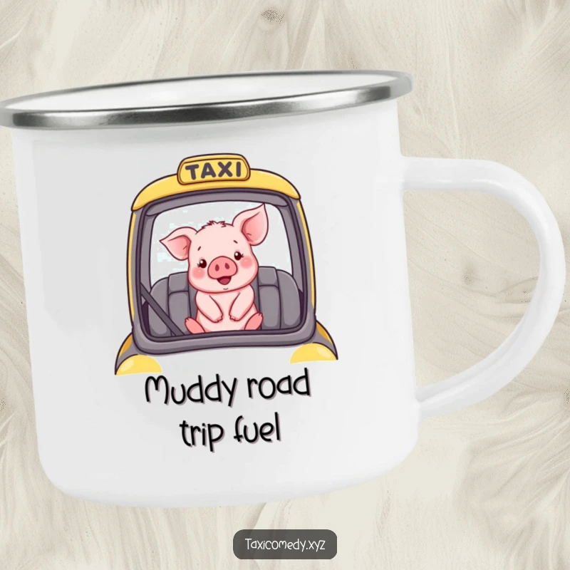 Funny camping mug with a happy piglet in a taxi, ready for outdoor adventures.
