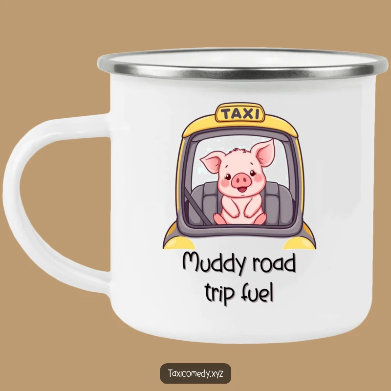 Funny Camping Mug: Piglet in Taxi - Adventure Awaits, Great Gift