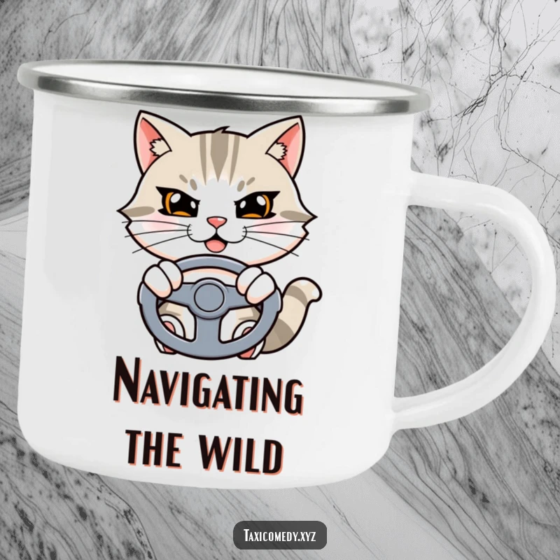 Funny cat camping mug showing a determined cat character holding a steering wheel, ready for a journey.