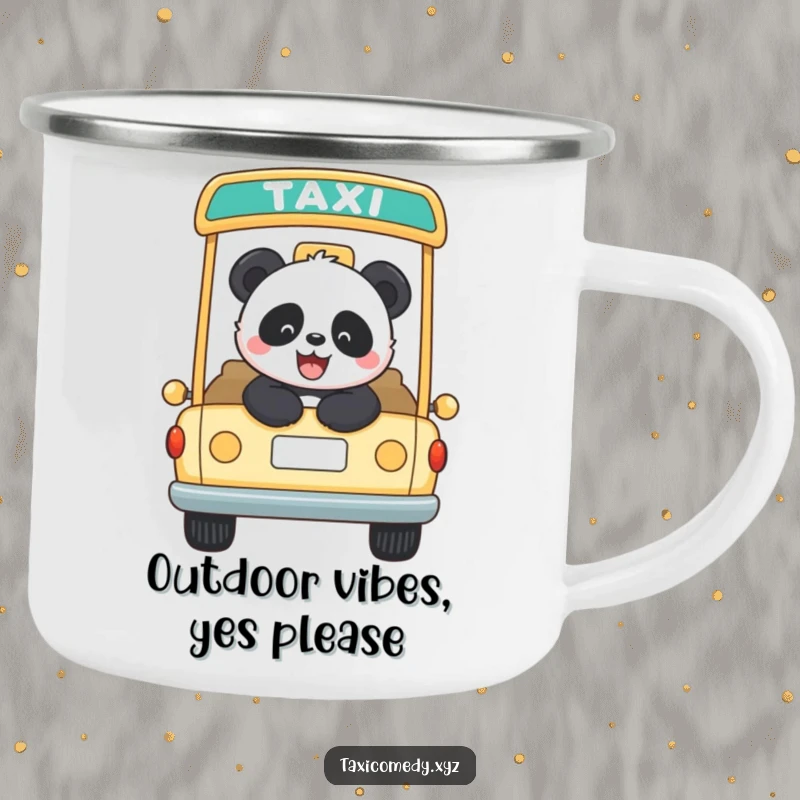 Funny panda joyfully riding in an open-top taxi. This camping mug is sturdy, humorous, and perfect for outdoor enthusiasts.