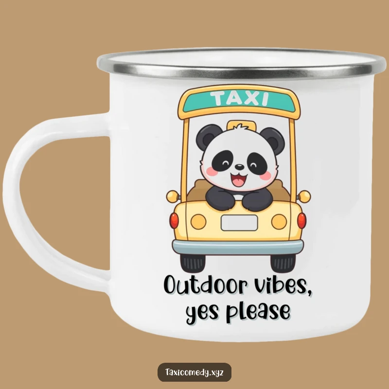 Funny Panda Taxi Rider Camping Mug: Joyful Bear Cup, Outdoor Adventure Gear