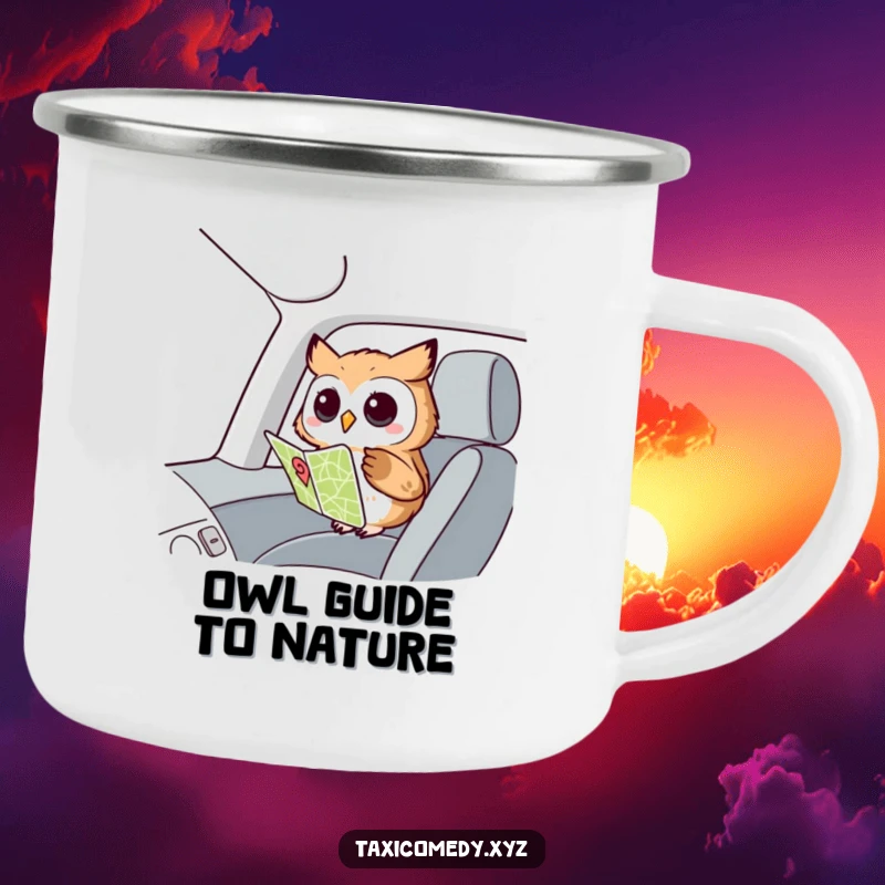 Funny Owl Navigator Camping Mug: A curious owl looking at a map, perfect for enjoying drinks during outdoor adventures with a touch of wisdom.