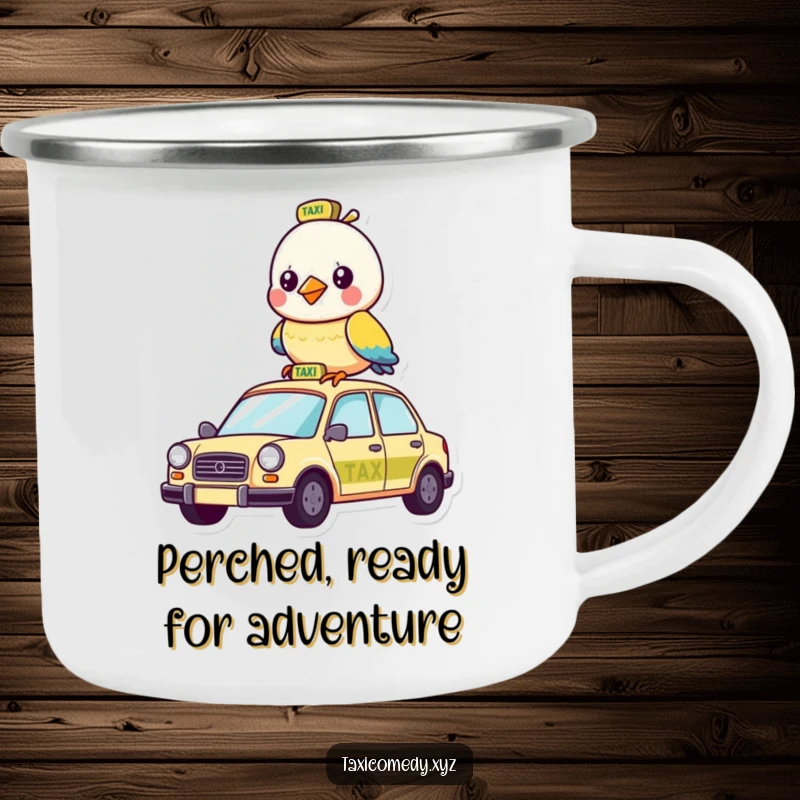 Funny enamel camping mug with a quirky bird humorously perched on a taxi roof.